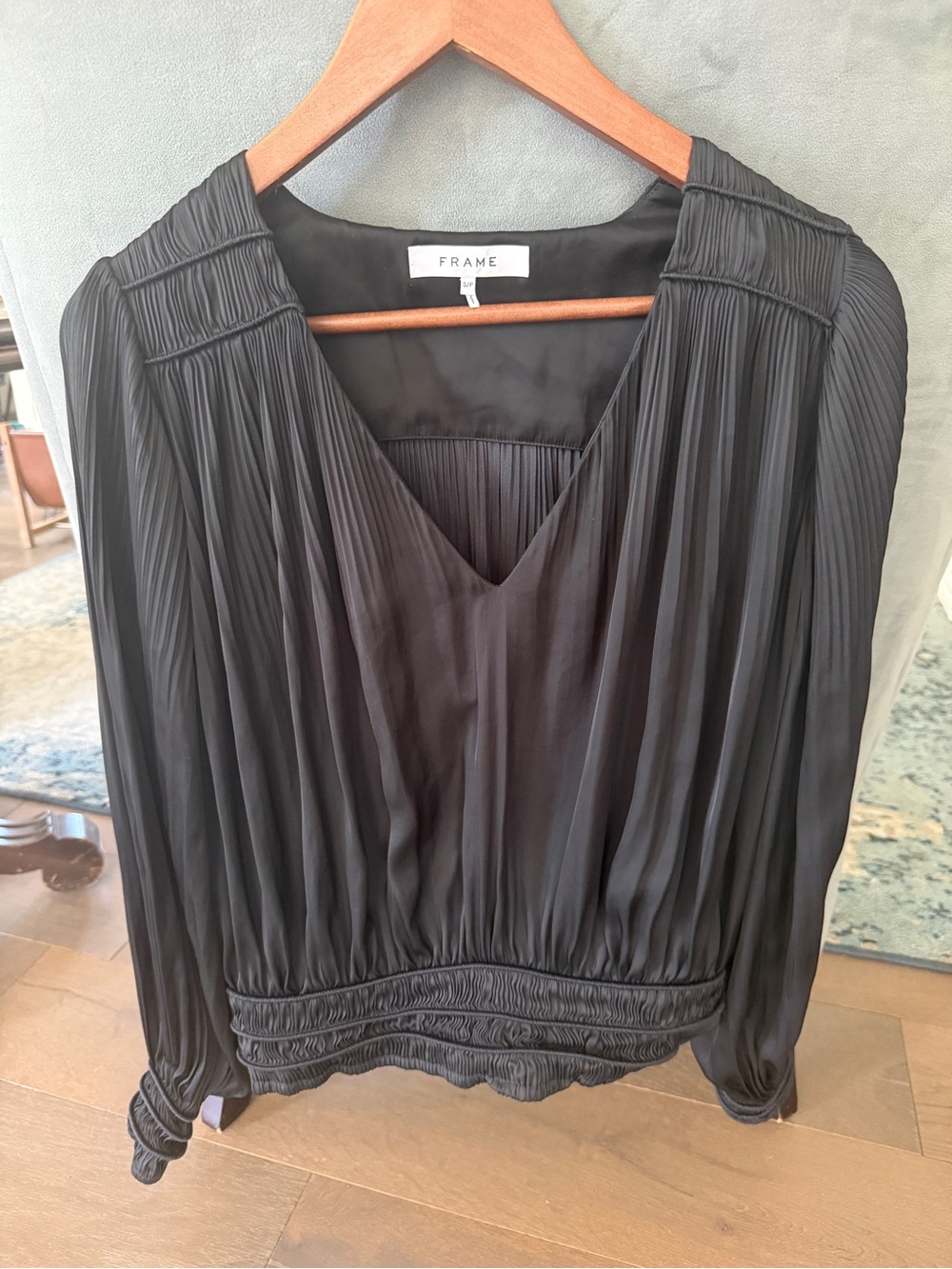 FRAME Black Pleated Blouson Long Sleeve Top Size S